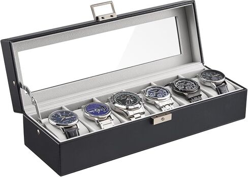 ProCase 6 Slot Watch Case Box for Men, PU leather Man Watch Organizer with Soft Pillow, Lockable Watch Collection Storage Holder with Glass Display Lid -AllBlack in Saudi Arabia