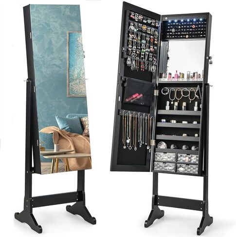 CHARMAID Jewelry Armoire Cabinet with Full Length Mirror, 6 LEDs Standing Lockable Jewelry Organizer with Vanity Makeup Mirror, 4 Storage Drawers, 4 Shelves, Lipstick Tray, 4 Angles (White) in Saudi Arabia