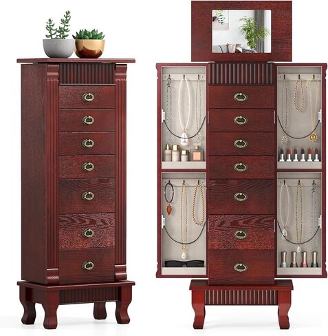 Giantex Standing Jewelry Cabinet with 7 Drawers, Flip-Top Mirror, 2 Side Doors with 12 Necklace Hooks, Divided Ring Compartments, Velvet-Lined Jewelry Armoire Organizer Chest (Black) in Saudi Arabia