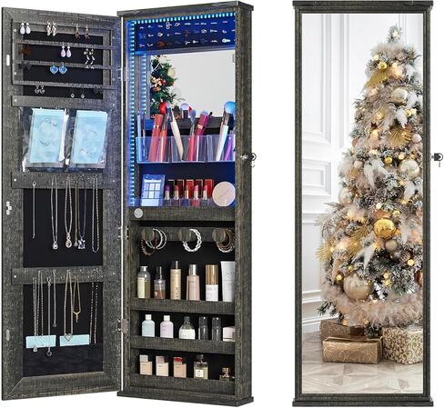 360° Swivel Jewelry Cabinet with Lights - RGB Vanity Mirror | Rotatable Full Length Mirror with Jewelry Storage, Standing Jewelry Armoire Organizer, Foldable Makeup Shelf, White (White 052) in Kuwait