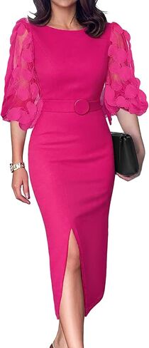 فستان CHICME متوسط ​​الطول للنساء بأكمام منتفخة شبكية وفساتين زفاف لحفلات الكوكتيل مع حزام in Kuwait