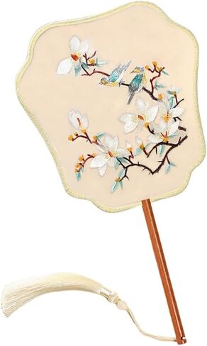Chinese Round Hand Fans with Tassel Hand Circular Fans Double-Sided Embroidery Hand Fans Translucent Silk Round Fans Ancient Court Round Hand Fans (Pattern-9-Yellow-WhiteFlowers-and-Birds) in Saudi Arabia