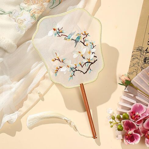 Chinese Round Hand Fans with Tassel Hand Circular Fans Double-Sided Embroidery Hand Fans Translucent Silk Round Fans Ancient Court Round Hand Fans (Pattern-9-Yellow-WhiteFlowers-and-Birds) in Saudi Arabia