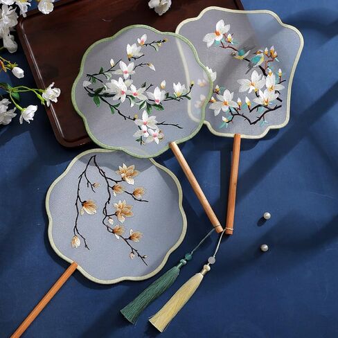 Chinese Round Hand Fans with Tassel Hand Circular Fans Double-Sided Embroidery Hand Fans Translucent Silk Round Fans Ancient Court Round Hand Fans (Pattern-9-Yellow-WhiteFlowers-and-Birds) in Saudi Arabia