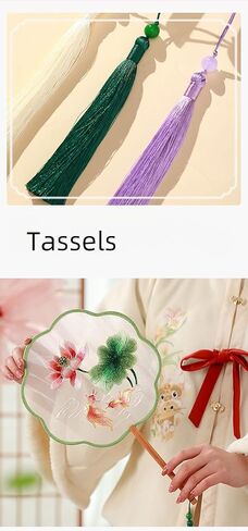 Chinese Round Hand Fans with Tassel Hand Circular Fans Double-Sided Embroidery Hand Fans Translucent Silk Round Fans Ancient Court Round Hand Fans (Pattern-9-Yellow-WhiteFlowers-and-Birds) in Saudi Arabia
