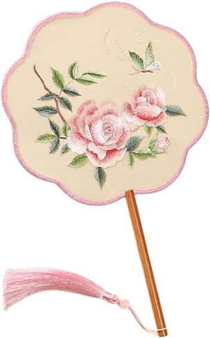 Chinese Round Hand Fans with Tassel Hand Circular Fans Double-Sided Embroidery Hand Fans Translucent Silk Round Fans Ancient Court Round Hand Fans (Pattern-9-Yellow-WhiteFlowers-and-Birds) in Saudi Arabia