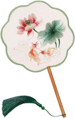 Chinese Round Hand Fans with Tassel Hand Circular Fans Double-Sided Embroidery Hand Fans Translucent Silk Round Fans Ancient Court Round Hand Fans (Pattern-9-Yellow-WhiteFlowers-and-Birds) in Saudi Arabia