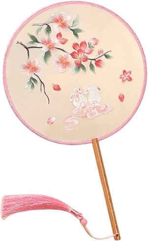 Chinese Round Hand Fans with Tassel Hand Circular Fans Double-Sided Embroidery Hand Fans Translucent Silk Round Fans Ancient Court Round Hand Fans (Pattern-9-Yellow-WhiteFlowers-and-Birds) in Saudi Arabia