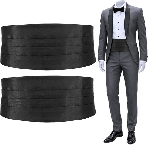 مجموعة من قطعتين من قماش Cummerbund بلون سادة للرجال من الساتان قابلة للتعديل من Cumberbund رسمية لحفلات الزفاف وحفلات الزفاف (أسود) in Kuwait