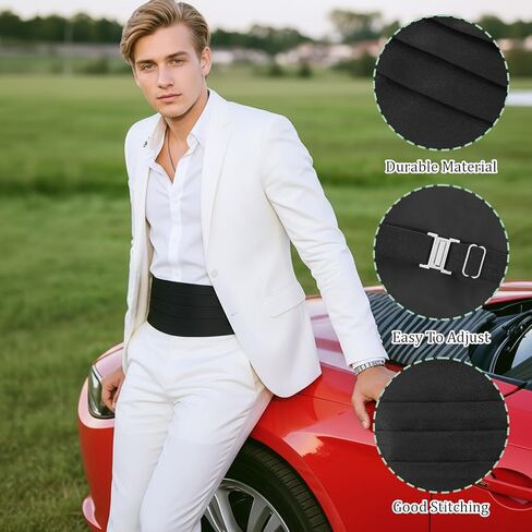 مجموعة من قطعتين من قماش Cummerbund بلون سادة للرجال من الساتان قابلة للتعديل من Cumberbund رسمية لحفلات الزفاف وحفلات الزفاف (أسود) in Kuwait