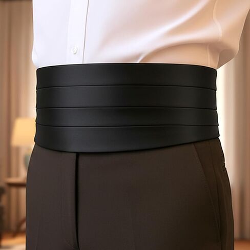 مجموعة من قطعتين من قماش Cummerbund بلون سادة للرجال من الساتان قابلة للتعديل من Cumberbund رسمية لحفلات الزفاف وحفلات الزفاف (أسود) in Kuwait