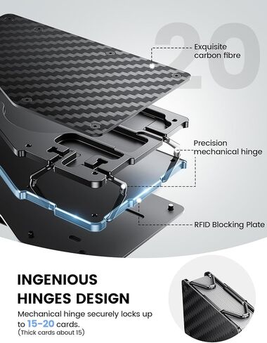 Lamicall Minimalist Carbon Fiber Wallet - Slim Metal RFID Blocking Card Holder with Mechanical Hinge (No Elastic) - Holds 15-20 Cards, Front Pocket EDC Gear for Men, Gift for Men, Metal Black in Saudi Arabia