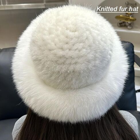 Mink Fur Hat for Women Knitted Real Fur Russian Hat Furry Womens Winter Hats with Elastic in Saudi Arabia