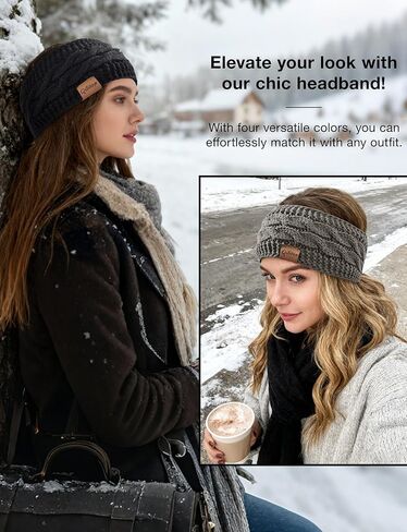 4-Pack Womens Winter Headbands Fuzzy Fleece Lined Cable Knit Ear Warmer Thick Warm Crochet Head Wrap Gifts Stocking Stuffers Criss-Cross Pattern Cold Weather Black Deep Light Grey Beige in Saudi Arabia