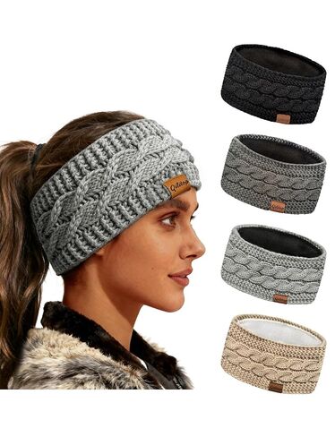 4-Pack Womens Winter Headbands Fuzzy Fleece Lined Cable Knit Ear Warmer Thick Warm Crochet Head Wrap Gifts Stocking Stuffers Criss-Cross Pattern Cold Weather Black Deep Light Grey Beige in Saudi Arabia