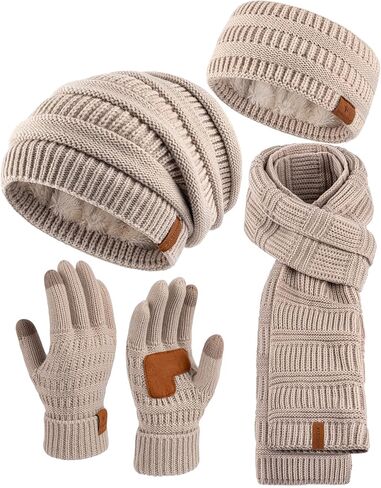 Women Beanie Scarf Gloves Headband Set Winter Hats Fleece Lined Scarf Touchscreen Gloves Ear Warmer Knit 4 Gift Set in Saudi Arabia