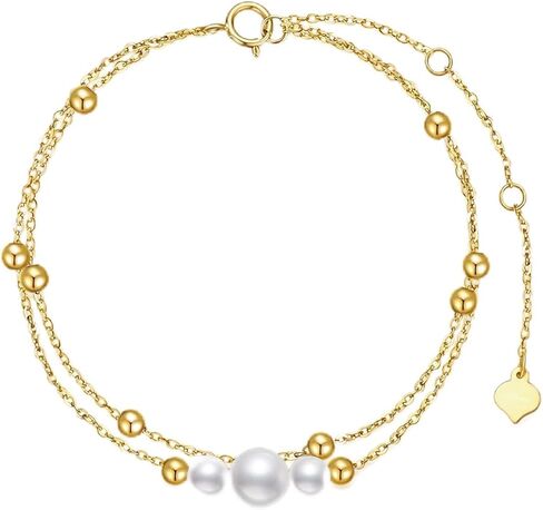 14K Gold Pearl Bracelets for Women, Solid Gold Double Chain Bracelet with Cultured Freshwater Pearls Jewelry Anniversary Mother's Day Gift for Wife, Mom, 8.5" in Saudi Arabia