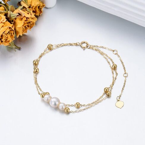 14K Gold Pearl Bracelets for Women, Solid Gold Double Chain Bracelet with Cultured Freshwater Pearls Jewelry Anniversary Mother's Day Gift for Wife, Mom, 8.5" in Saudi Arabia