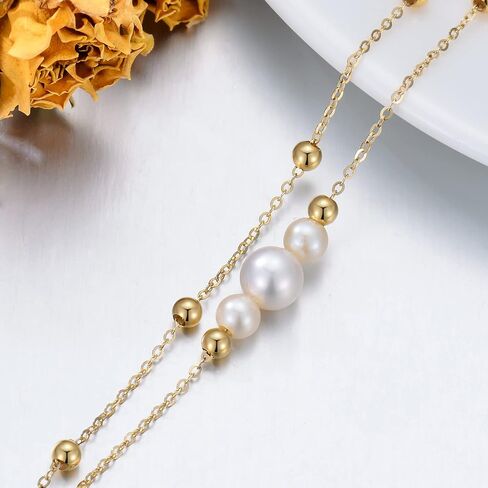 14K Gold Pearl Bracelets for Women, Solid Gold Double Chain Bracelet with Cultured Freshwater Pearls Jewelry Anniversary Mother's Day Gift for Wife, Mom, 8.5" in Saudi Arabia