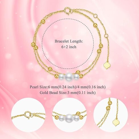 14K Gold Pearl Bracelets for Women, Solid Gold Double Chain Bracelet with Cultured Freshwater Pearls Jewelry Anniversary Mother's Day Gift for Wife, Mom, 8.5" in Saudi Arabia
