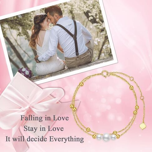 14K Gold Pearl Bracelets for Women, Solid Gold Double Chain Bracelet with Cultured Freshwater Pearls Jewelry Anniversary Mother's Day Gift for Wife, Mom, 8.5" in Saudi Arabia