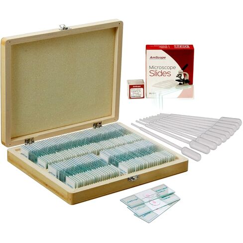 AmScope PS100B Prepared Microscope Slide Set for Basic Biological Science Education, 100 Slides, Set B, Includes Fitted Wooden Case in Kuwait