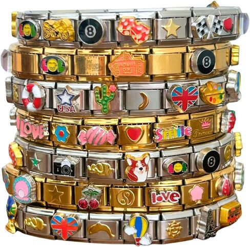 Custom Italian Charm Bracelet, 18 Unique Vintage Y2K Charms Stainless Steel Silver or Gold Bracelet for Women and Men, 1 Bracelet Fully Assembled & Ready to Wear in Saudi Arabia