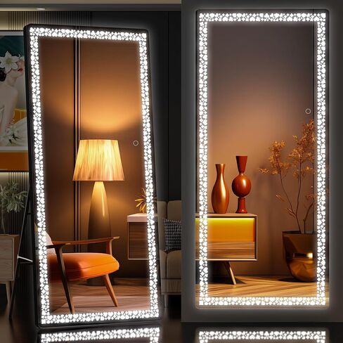 مرآة Led بطول 55 بوصة × 17 بوصة من Hasipu، مرآة كاملة الطول مع نمط زهرة البوكر المضيئة، مرآة LED كاملة الطول، تعتيم مرآة مثبتة على الحائط و3 أوضاع ألوان لغرفة النوم in Kuwait