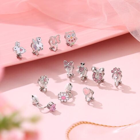FUNRUN JEWELRY 12 Pairs Clip On Earrings for Women Hypoallergenic Fake Non Pierced Earrings Cute CZ Cat Fox Turtle Rainbow Flower Butterfly Heart Clip-On Earring Set Multicolored Silver in Saudi Arabia