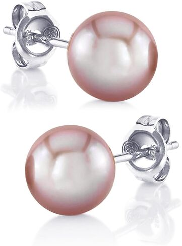 أقراط اللؤلؤ الحقيقي للمياه العذبة الوردية المستديرة من THE PEARL SOURCE للنساء - أقراط من الذهب الأبيض والأصفر عيار 14 قيراط | أقراط مضادة للحساسية مع هدايا من اللؤلؤ الطبيعي المستزرع بجودة AAA لعطلات عيد الميلاد in Saudi Arabia