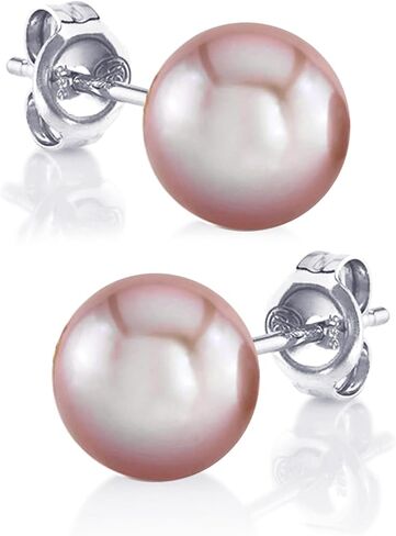 أقراط اللؤلؤ الحقيقي للمياه العذبة الوردية المستديرة من THE PEARL SOURCE للنساء - أقراط من الذهب الأبيض والأصفر عيار 14 قيراط | أقراط مضادة للحساسية مع هدايا من اللؤلؤ الطبيعي المستزرع بجودة AAA لعطلات عيد الميلاد in Saudi Arabia