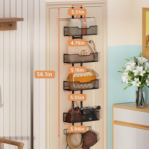 منظم المحفظة فوق الباب، حامل محفظة معدني متين قابل للتعديل ومنظم حقيبة يد للخزانة مع 5 خطافات متوسطة in Kuwait