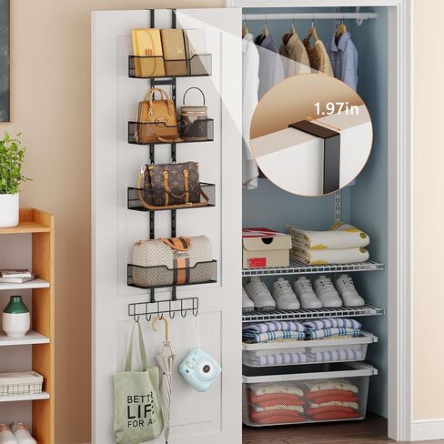 منظم المحفظة فوق الباب، حامل محفظة معدني متين قابل للتعديل ومنظم حقيبة يد للخزانة مع 5 خطافات متوسطة in Kuwait