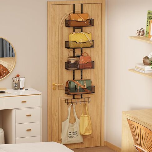 منظم المحفظة فوق الباب، حامل محفظة معدني متين قابل للتعديل ومنظم حقيبة يد للخزانة مع 5 خطافات متوسطة in Kuwait