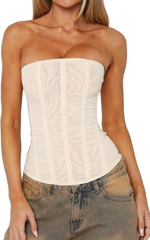 NUFIWI Women Mesh Strapless Bustier Boned Overbust Corset Top Back Zipper Fishbone Bodice Going Out Party Tops in Saudi Arabia