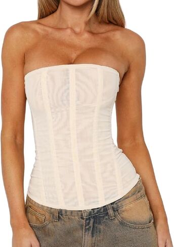Luckinbaby Women Y2k Strapless Bustier Corset Back Zip Mesh Boned Bodyshaper Tube Top Sexy Going Out Bustier Tops in Saudi Arabia