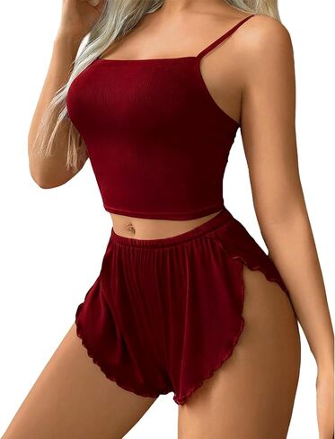 Avidlove Women Cami Ribbed Pajama Set Sexy Side Slit Sleepwear Soft Lingerie 2 Piece PJ Set in Saudi Arabia