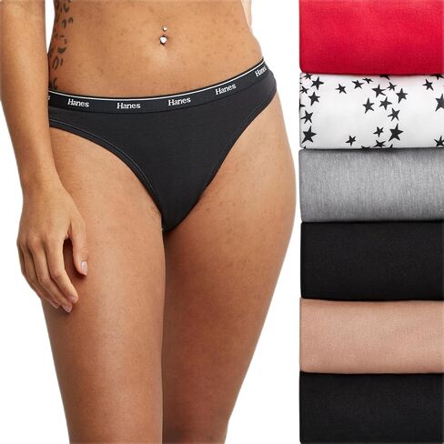 سراويل Hanes النسائية الأصلية ذات ثونغ، ملابس داخلية قطنية قابلة للتنفس، متنوعة، 6 قطع in Kuwait