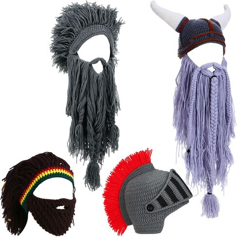Geyoga 4 Pcs Creative Beard Hats Viking Beanie Wig Knit Beard Horn Winter Warm Funny Mask Beanie for Women Men Halloween Christmas Dark in Saudi Arabia