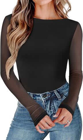 Avidlove Women Long Sleeve Body Suits Mesh Boat Neck Shapewear Bodysuit Crew Neck Leotards Going Out Tops Fall Outfits in Saudi Arabia