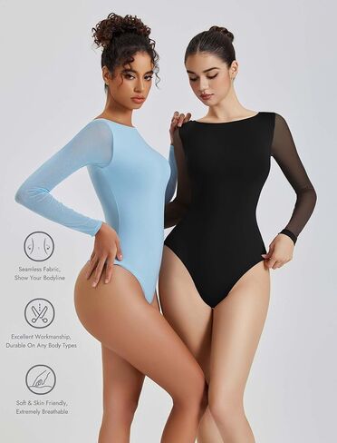 Avidlove Women Long Sleeve Body Suits Mesh Boat Neck Shapewear Bodysuit Crew Neck Leotards Going Out Tops Fall Outfits in Saudi Arabia
