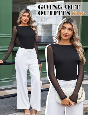Avidlove Women Long Sleeve Body Suits Mesh Boat Neck Shapewear Bodysuit Crew Neck Leotards Going Out Tops Fall Outfits in Saudi Arabia