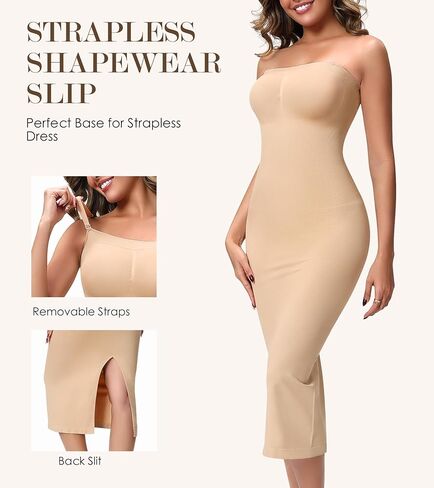 Strapless Shapewear Slip for Women Under Dress, Tummy Control Long Slip Dress, Seamless Back Slit Body Shaper (US, Alpha, Medium, Regular, Regular, Nude) in Kuwait