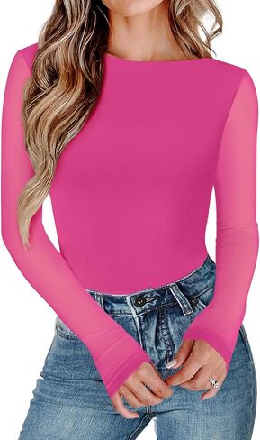 Avidlove Women Long Sleeve Body Suits Mesh Boat Neck Shapewear Bodysuit Crew Neck Leotards Going Out Tops Fall Outfits in Saudi Arabia