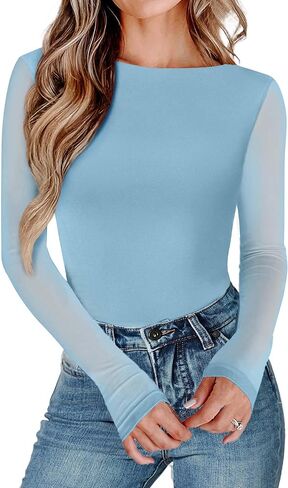 Avidlove Women Long Sleeve Body Suits Mesh Boat Neck Shapewear Bodysuit Crew Neck Leotards Going Out Tops Fall Outfits in Saudi Arabia