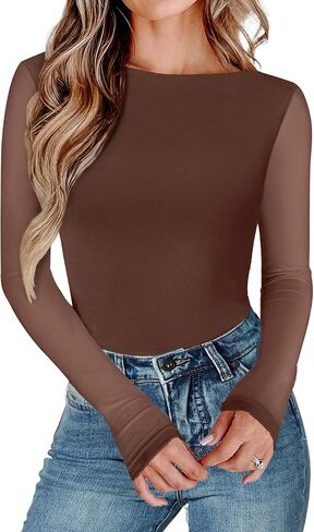 Avidlove Women Long Sleeve Body Suits Mesh Boat Neck Shapewear Bodysuit Crew Neck Leotards Going Out Tops Fall Outfits in Saudi Arabia