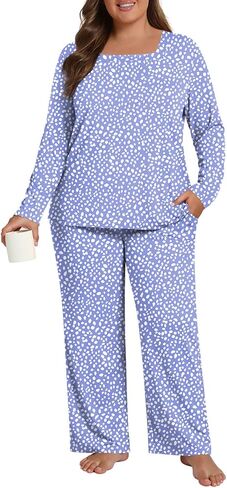 HOTGIFT Plus Size Womens Pajamas Set 2 Piece Pjs Loungewear Long Sleeve Sleepwear with Pockets Fall & Winter L-4XL in Kuwait