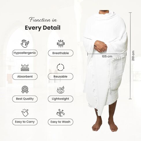 Islamic Men’s Hypoallergenic Ihram Luxury Set – Premium Microfiber Ihram for Hajj and Umrah with Handsfree Umbrella, Portable Fan, Belt, Digital Tasbeeh, Miswak and Vaseline Hajj Essentials Kit in Saudi Arabia