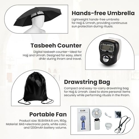 Islamic Men’s Hypoallergenic Ihram Luxury Set – Premium Microfiber Ihram for Hajj and Umrah with Handsfree Umbrella, Portable Fan, Belt, Digital Tasbeeh, Miswak and Vaseline Hajj Essentials Kit in Saudi Arabia