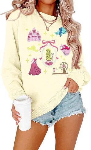 UNIQUEONE Bow Sweatshirt Women's Magic Kingdom تي شيرت ملون باستيل فيونكات جرافيك بلوزات كبيرة الحجم للعطلات in Saudi Arabia